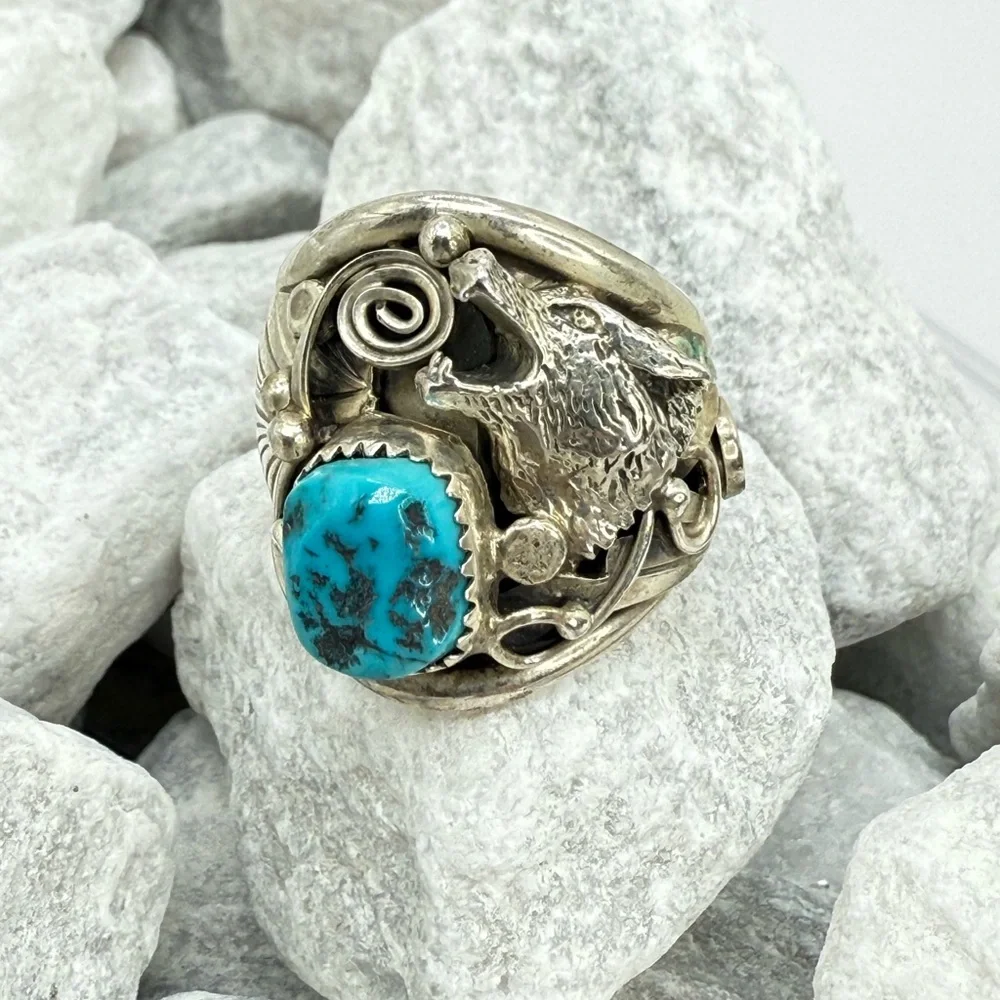 Navajo Sterling Silver Howling Wolf Turquoise Ring —Genevieve Francisco